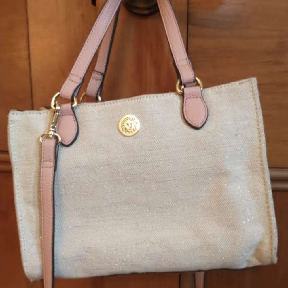 Anne Klein hand bag with cross body strap, off white with light gold sparkles